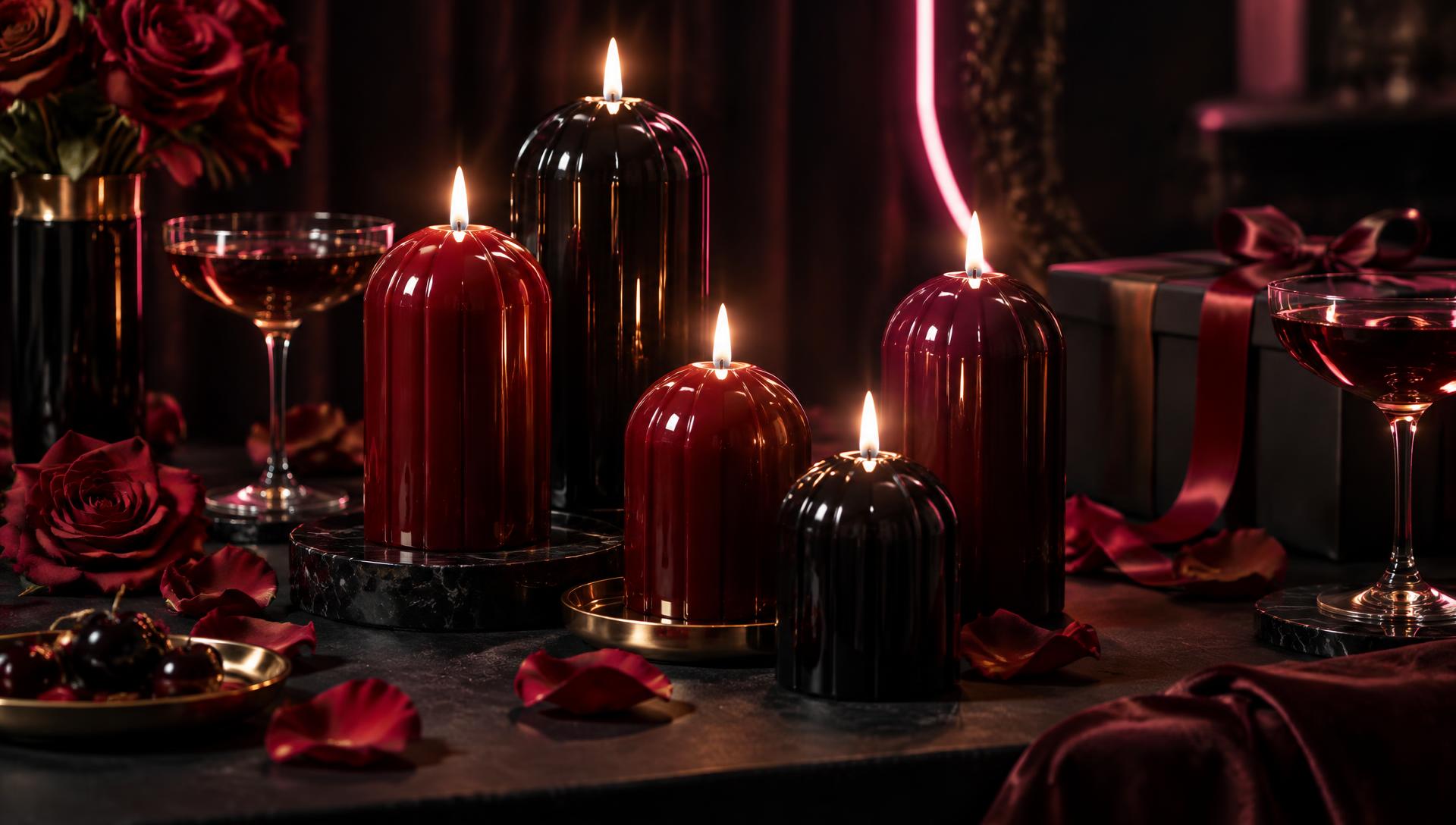 Dark moody table of lit novelty wax candles with roses and gift ribbon